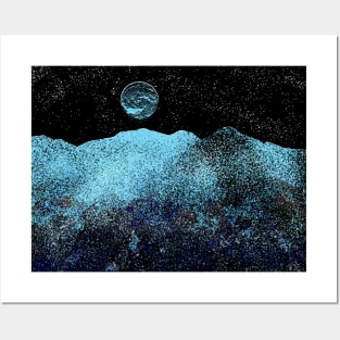 Ice Planet and Ice Moon in the starry dark sky Posters and Art